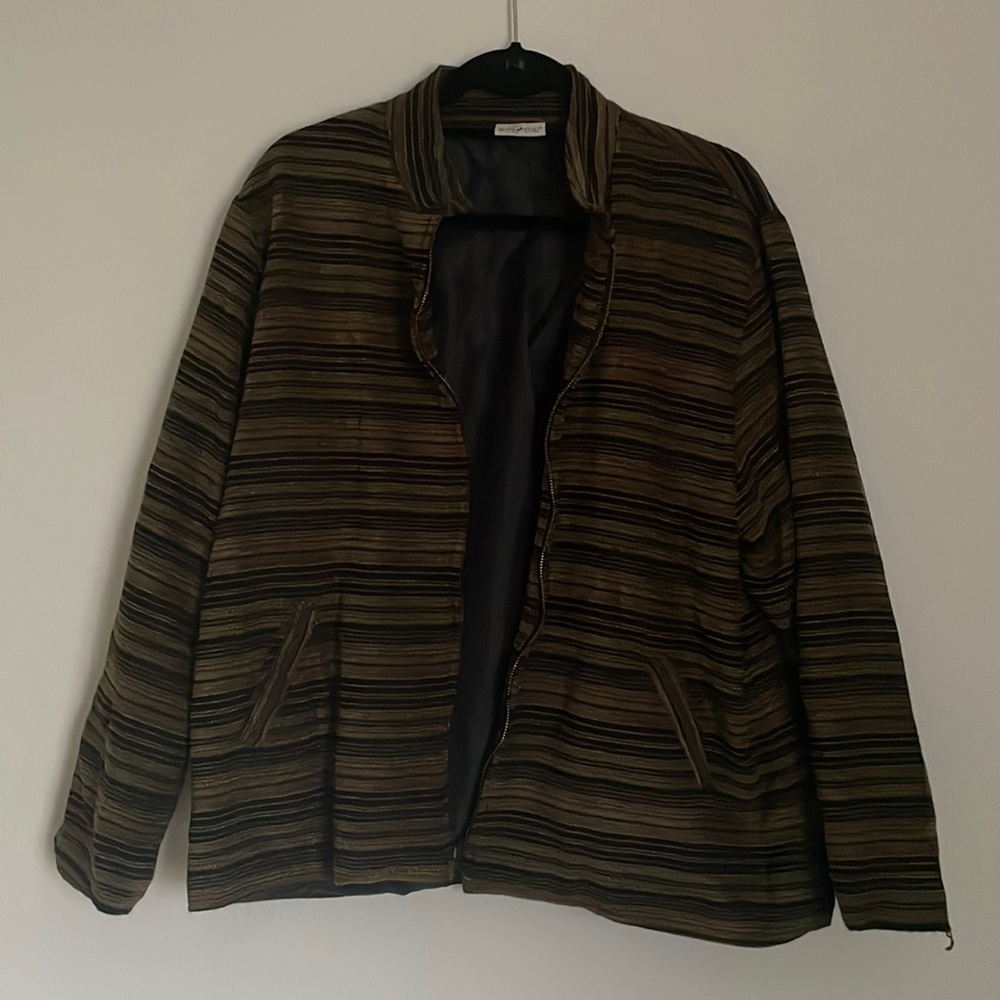 Striped earth tones zip jacket, no size I would say it’s a women’s M/L